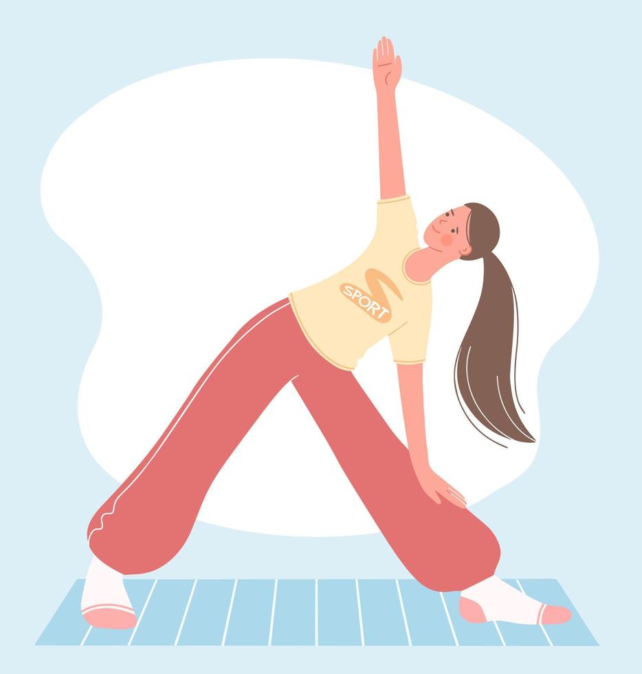 aulas de aeróbica, fitness e ioga. linda garota fica em pose de triângulo trikonasana. conceito de estilo de vida saudável vetor