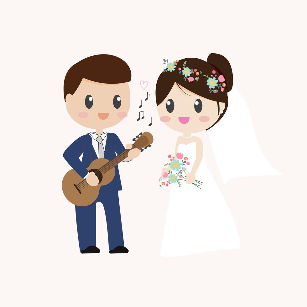 lindo casal de noivos toca guitarra estilo simples vetor