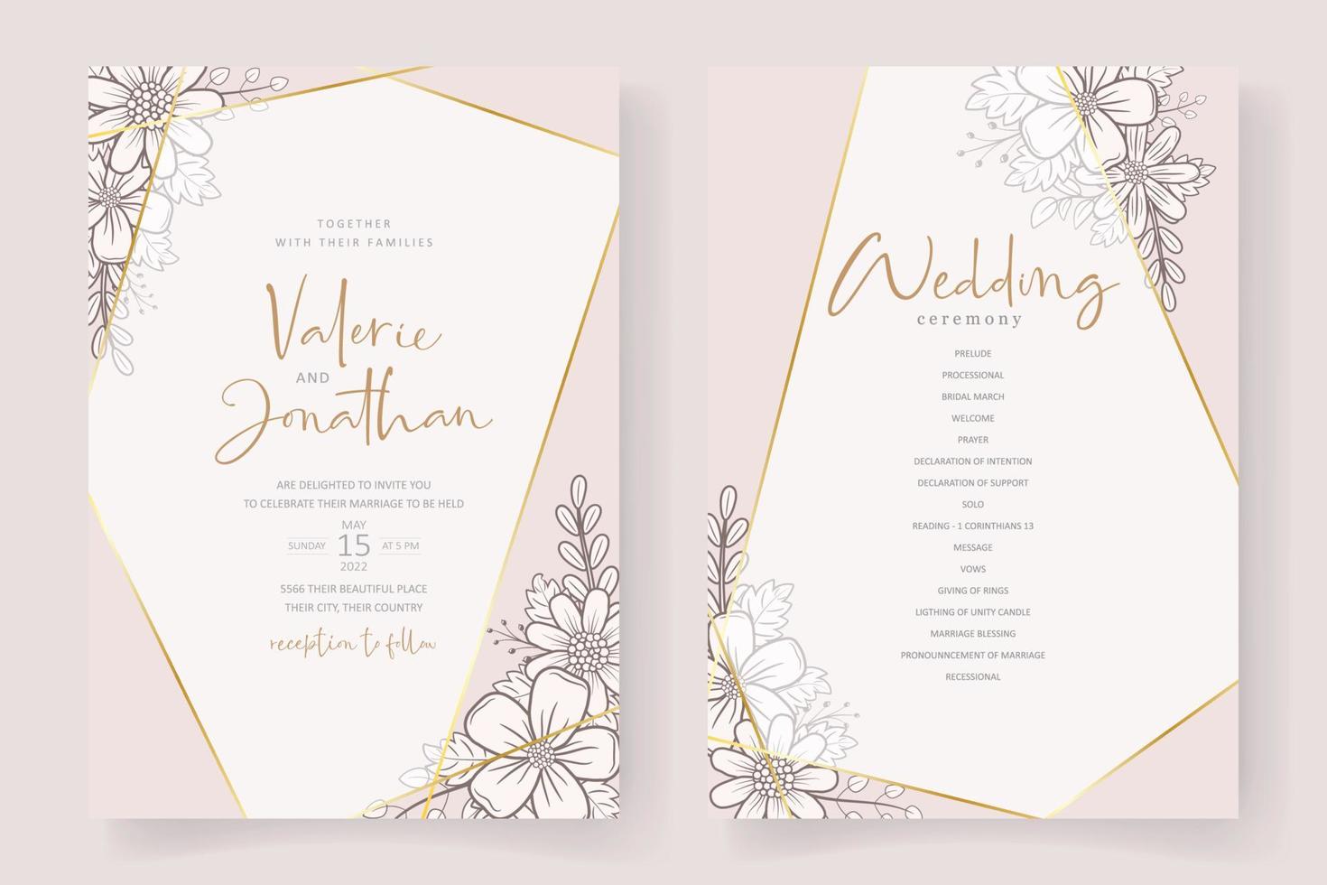 modelo de convite de casamento com decoração de contorno floral vetor