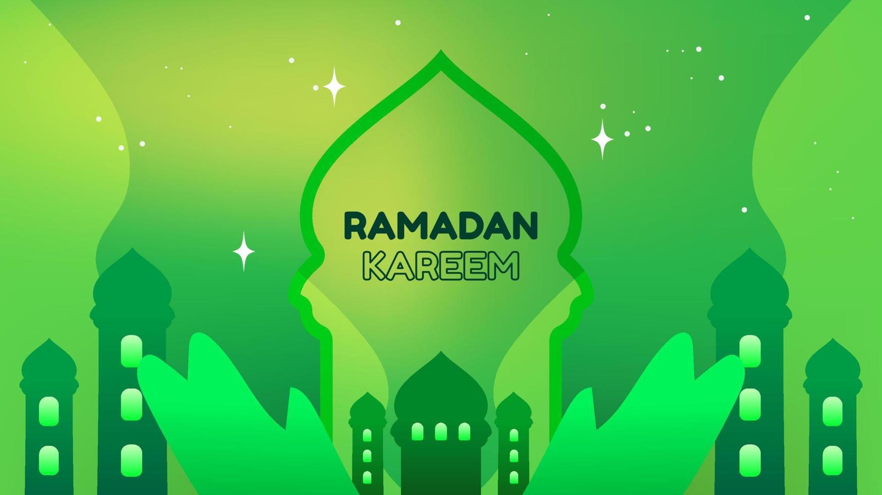 fundo de paisagem de ilustração de ramadan kareem com ornamentos de silhueta de mesquita e verde dominante, para o uso de eventos do ramadã e outros eventos muçulmanos vetor