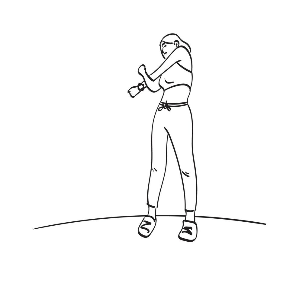mulher fazendo alongamento de ombro de ioga antes de executar ilustração vetorial desenhada à mão isolada na arte de linha de fundo branco. vetor