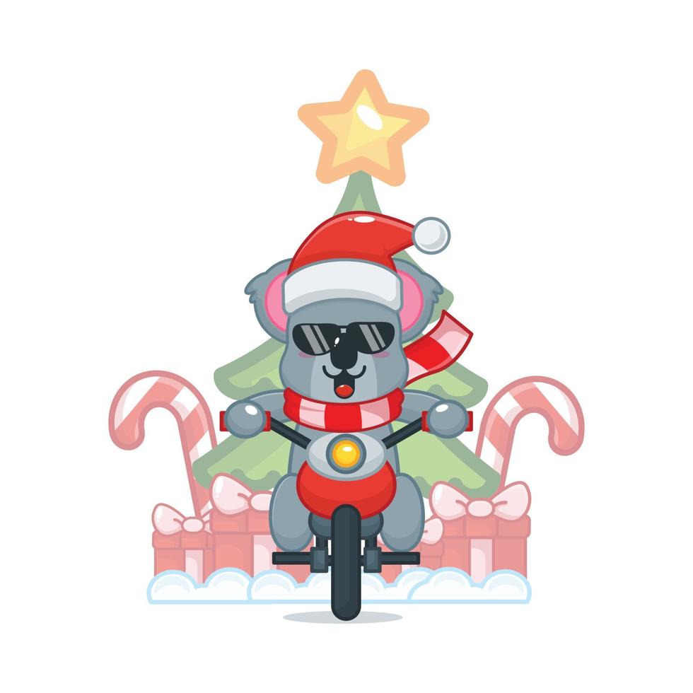 coala fofo carregando presente de natal com moto vetor