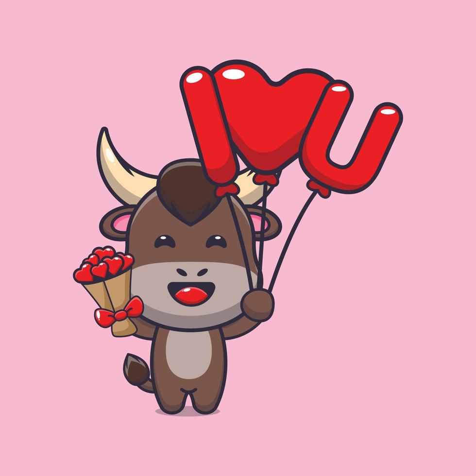 personagem de desenho animado de touro bonitinho segurando o balão de amor e flores de amor vetor