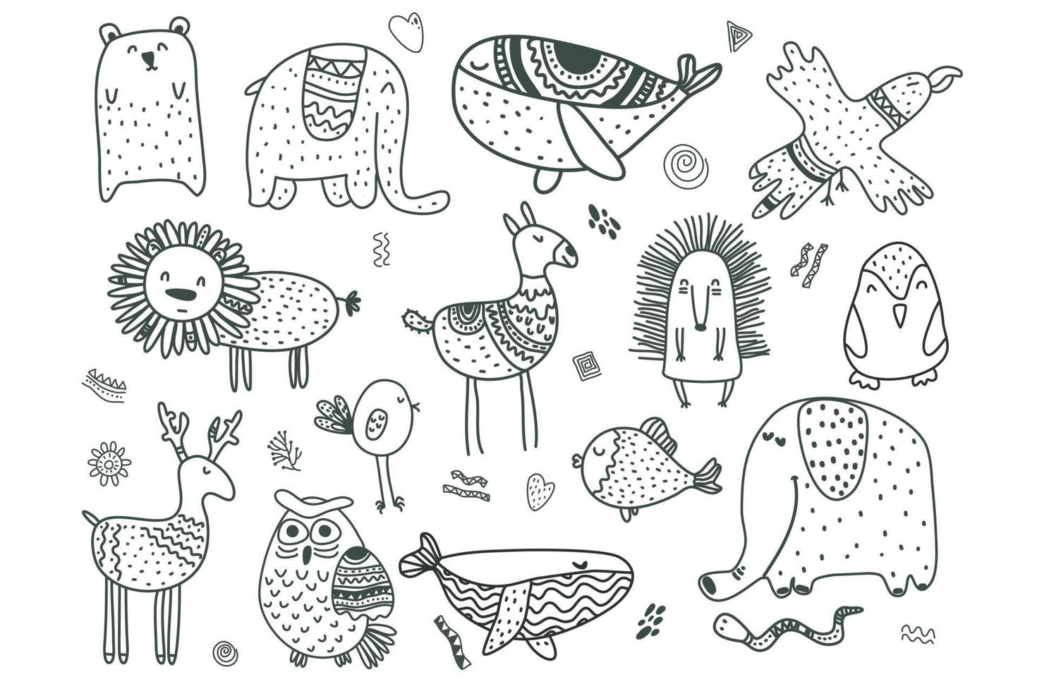 animais e elementos das crianças escandinavas. conjunto de vetores preto e branco de animais de doodle estilo scandi.