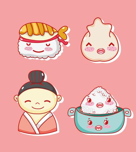 Desenhos animados bonitos do kawaii da gastronomia japonesa vetor