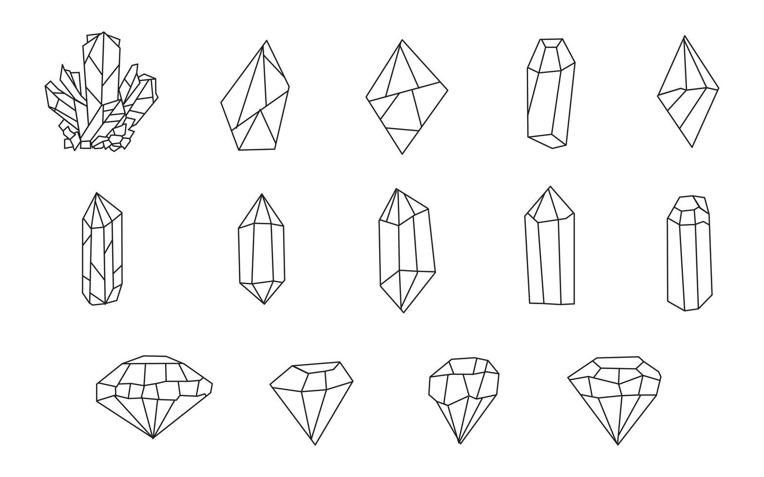 conjunto de 14 elementos de um clipart com cristais e diamantes desenhados à mão. para o agendador, o log. projeto desenhado à mão. projeto de ilustração vetorial bonito. vetor