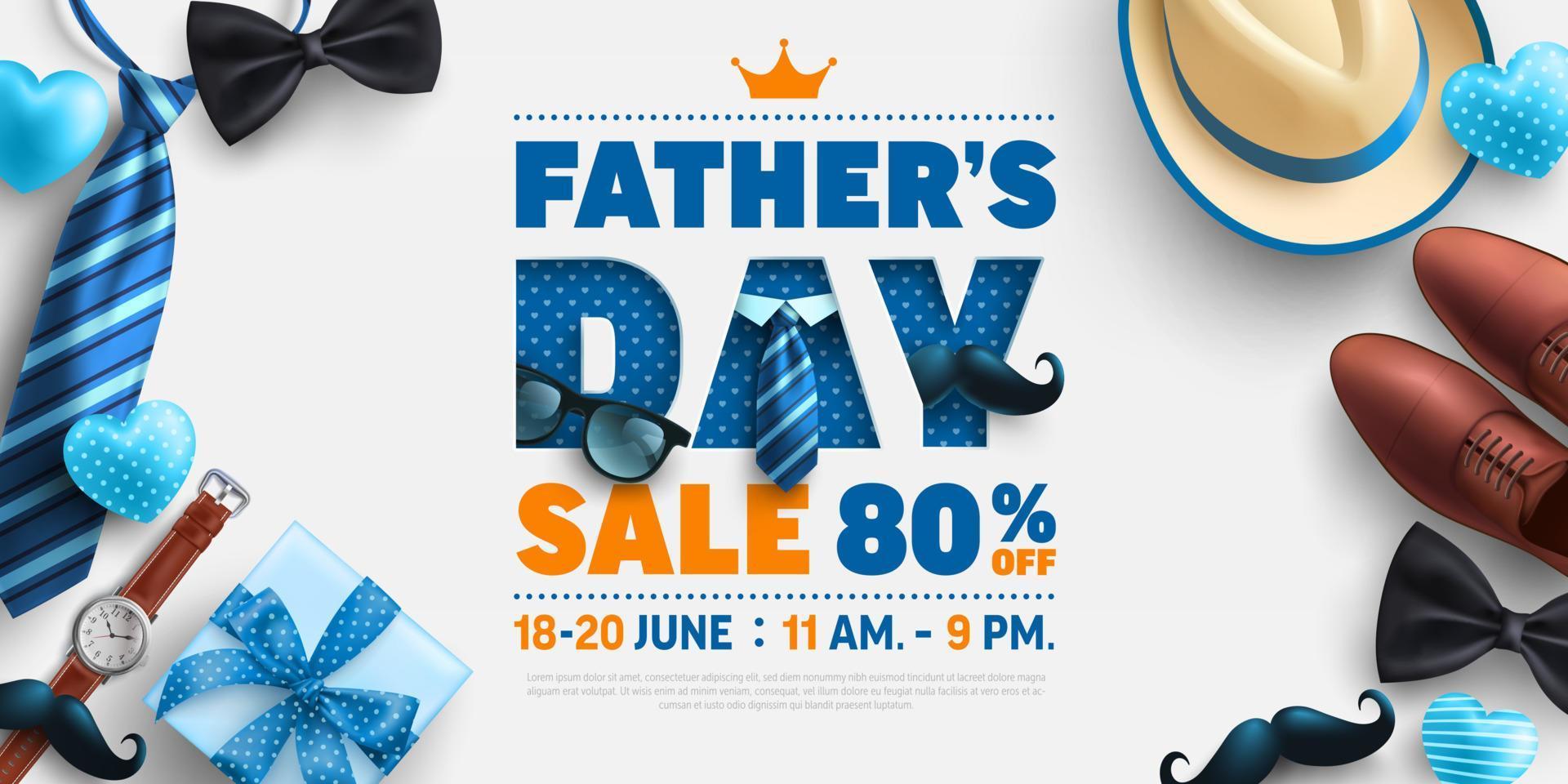 cartaz de venda do dia dos pais ou modelo de banner com homens chapéu, gravata e caixa de presente em blue.cumprimentos e presentes para o dia dos pais em estilo plano leigo. promoção e modelo de compras para o conceito de pai de amor vetor