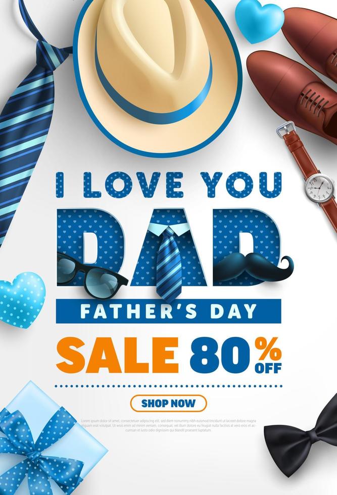 cartaz de venda do dia dos pais ou modelo de banner com homens chapéu, gravata e caixa de presente em blue.cumprimentos e presentes para o dia dos pais em estilo plano leigo. promoção e modelo de compras para o conceito de pai de amor vetor