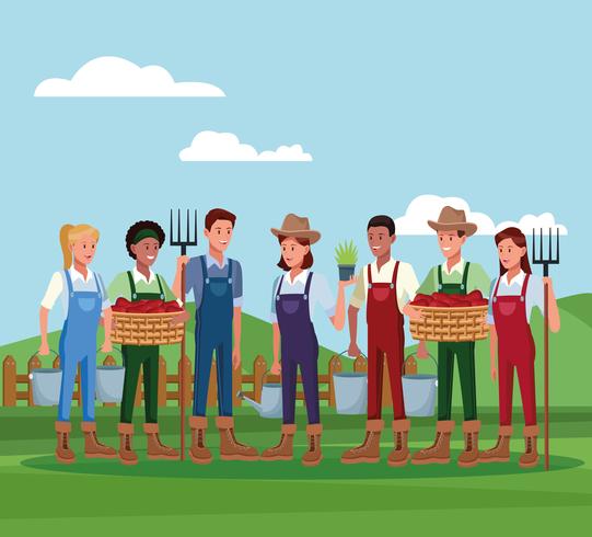 Agricultores que trabalham em desenhos animados agrícolas vetor