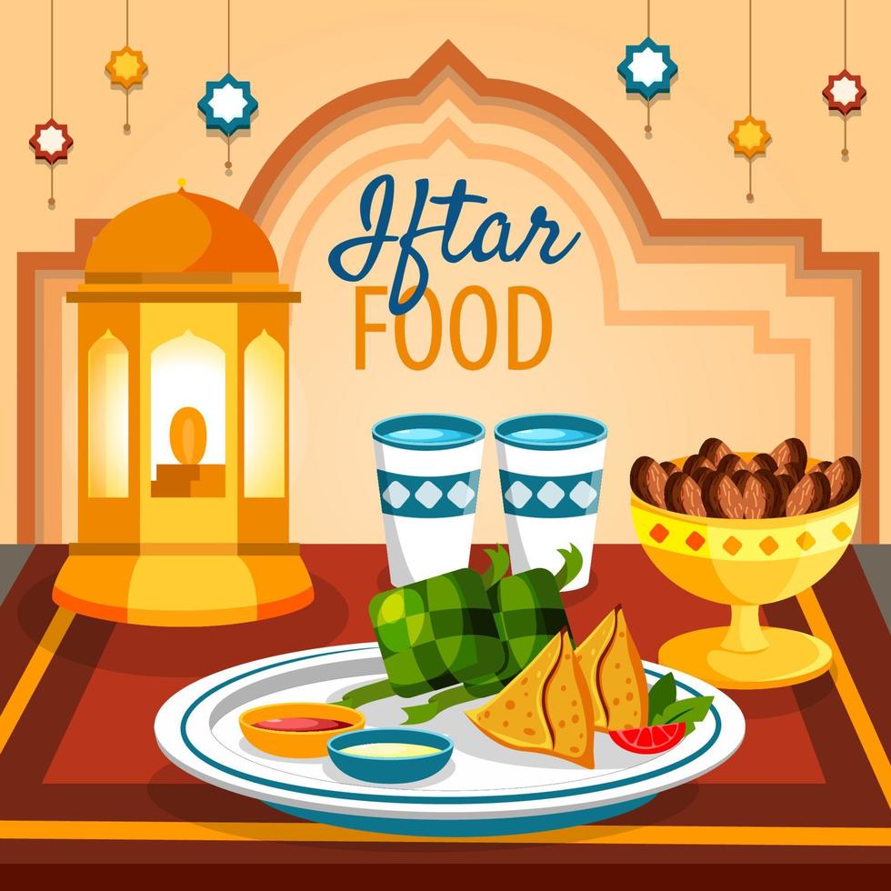 iftar comida para jejum com tâmaras e samosa vetor