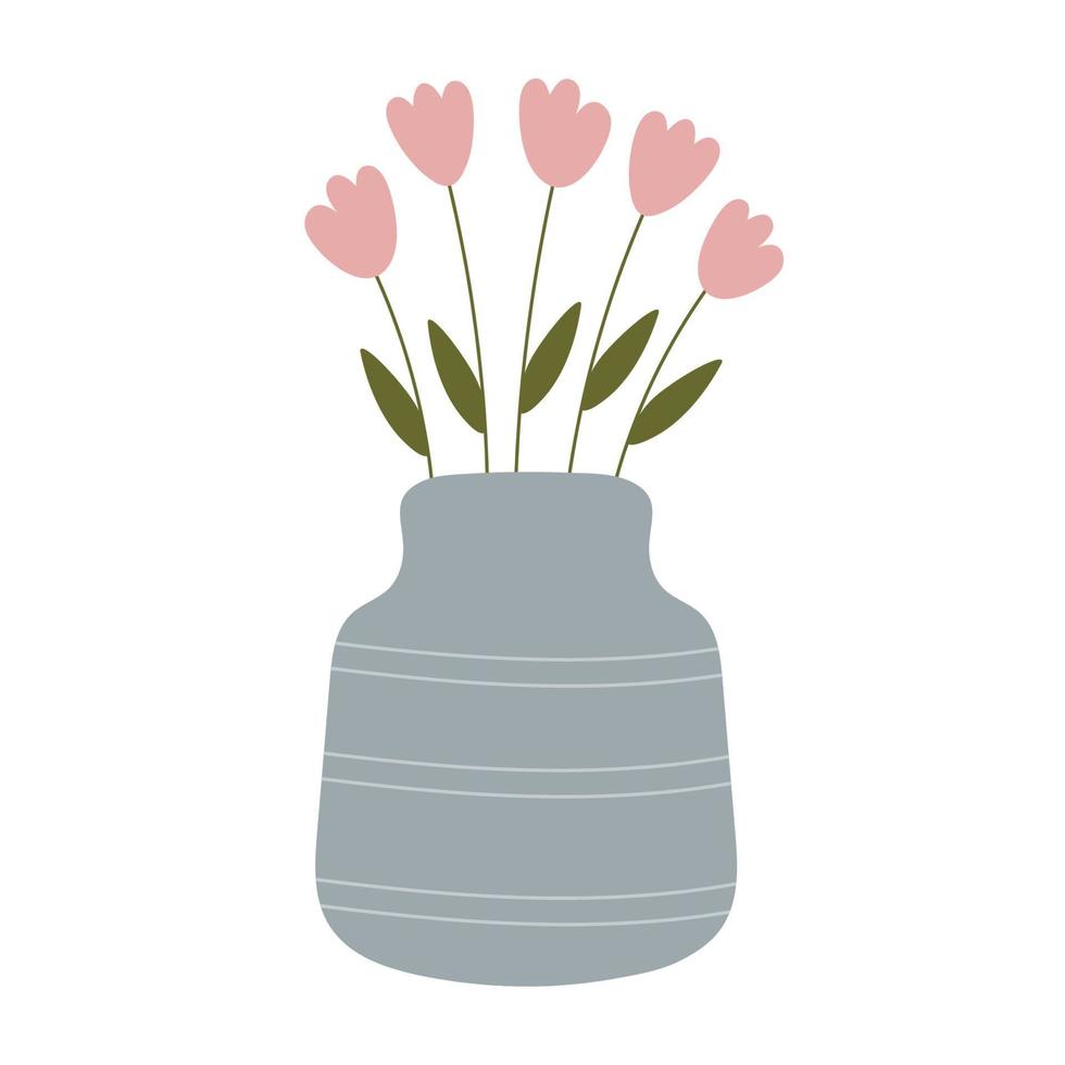 buquês de flores de tulipas em jarro de vaso de cerâmica na moda. ilustração botânica plana simples elegante bonito. Primavera verde. ilustração para cartões florais, lojas, 8 de março e decoração de páscoa. vetor