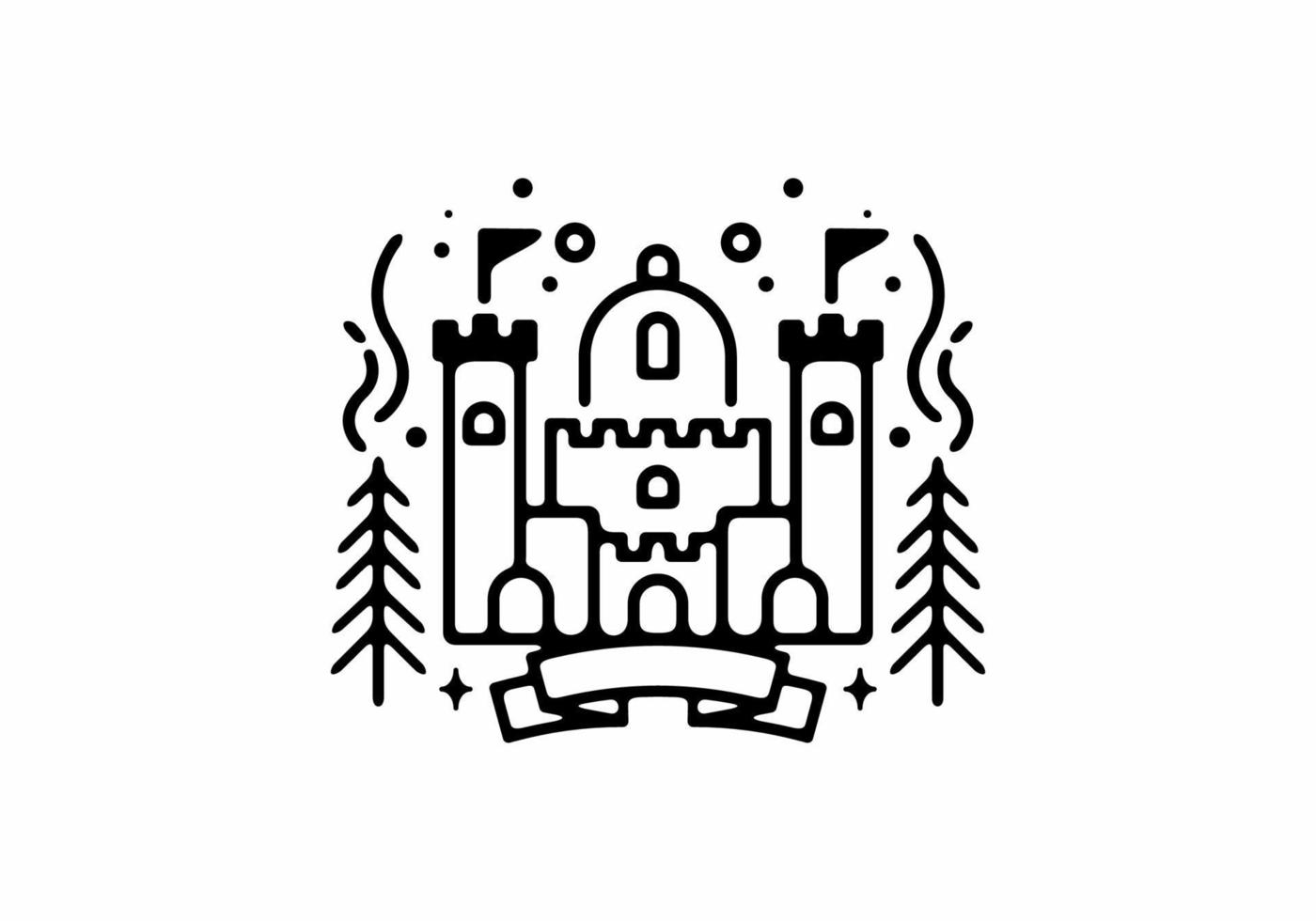 ilustração de arte de linha preta do castelo com pinheiros vetor