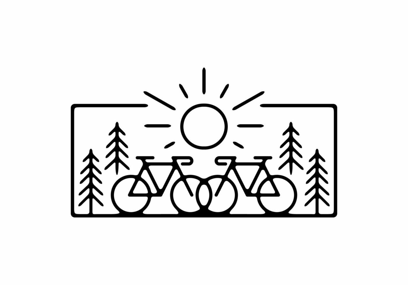 ilustração de arte de linha preta de bicicleta e pinheiros vetor