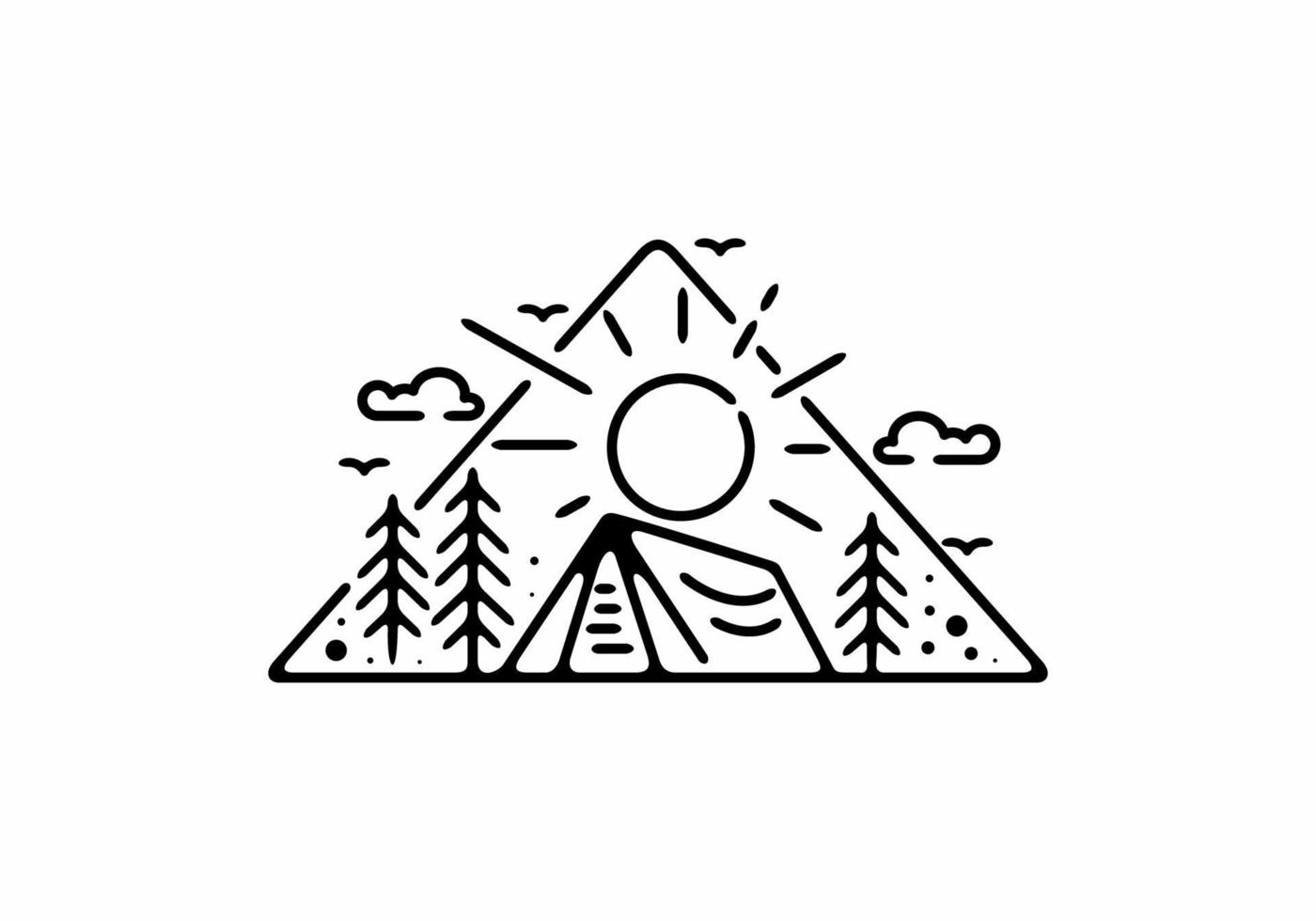 ilustração de arte de linha preta de distintivo de acampamento em forma de triângulo vetor