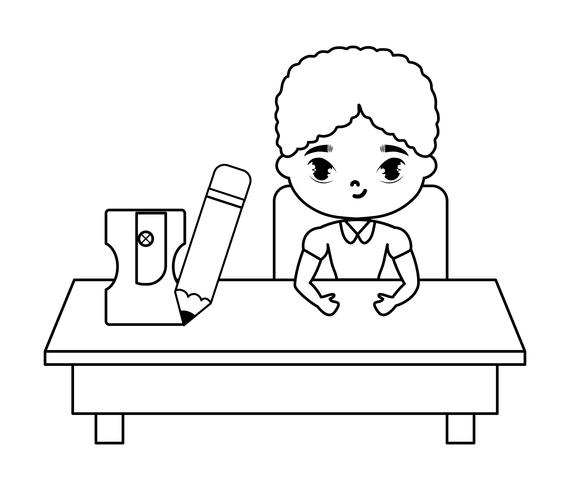 menino estudante sentado na mesa da escola com suprimentos de educação vetor