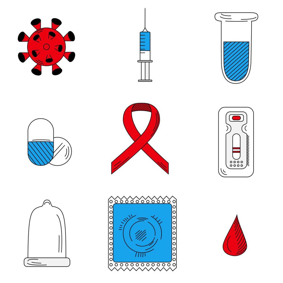 ícones relacionados ao hiv ou aids. conjunto de 9 sinais vetoriais - vírus, seringa, tubo de ensaio, pílulas, burocracia, teste expresso positivo, preservativo, pacote, gota de sangue. pictogramas simples para web e mobile. vetor