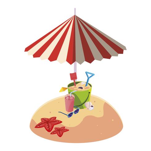 praia de areia de verão com guarda-chuva e brinquedo balde de areia vetor