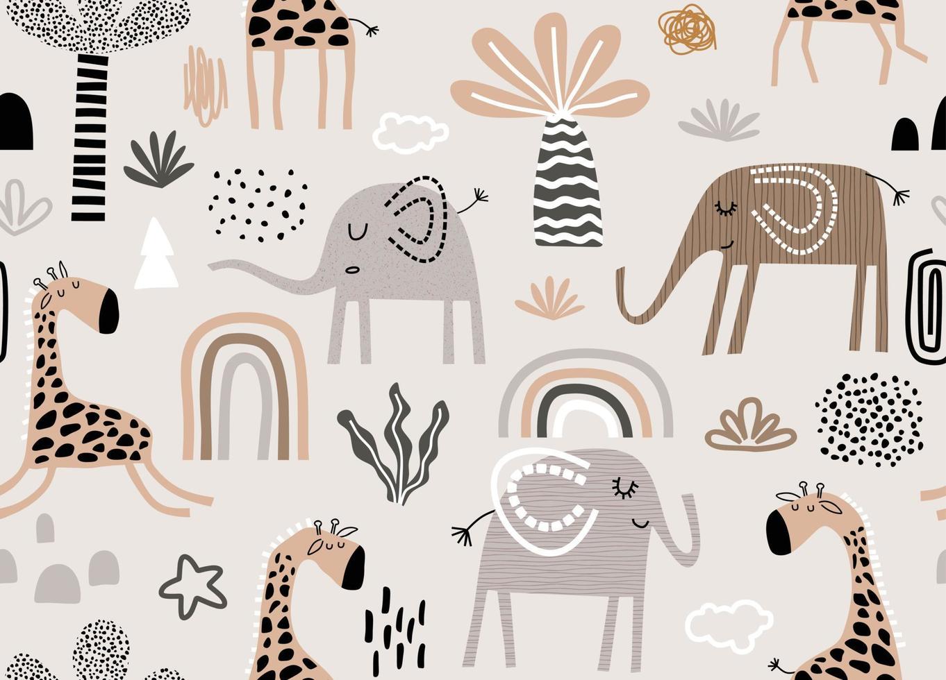 padrão colorido sem costura com elefantes fofos e girafas. vetor