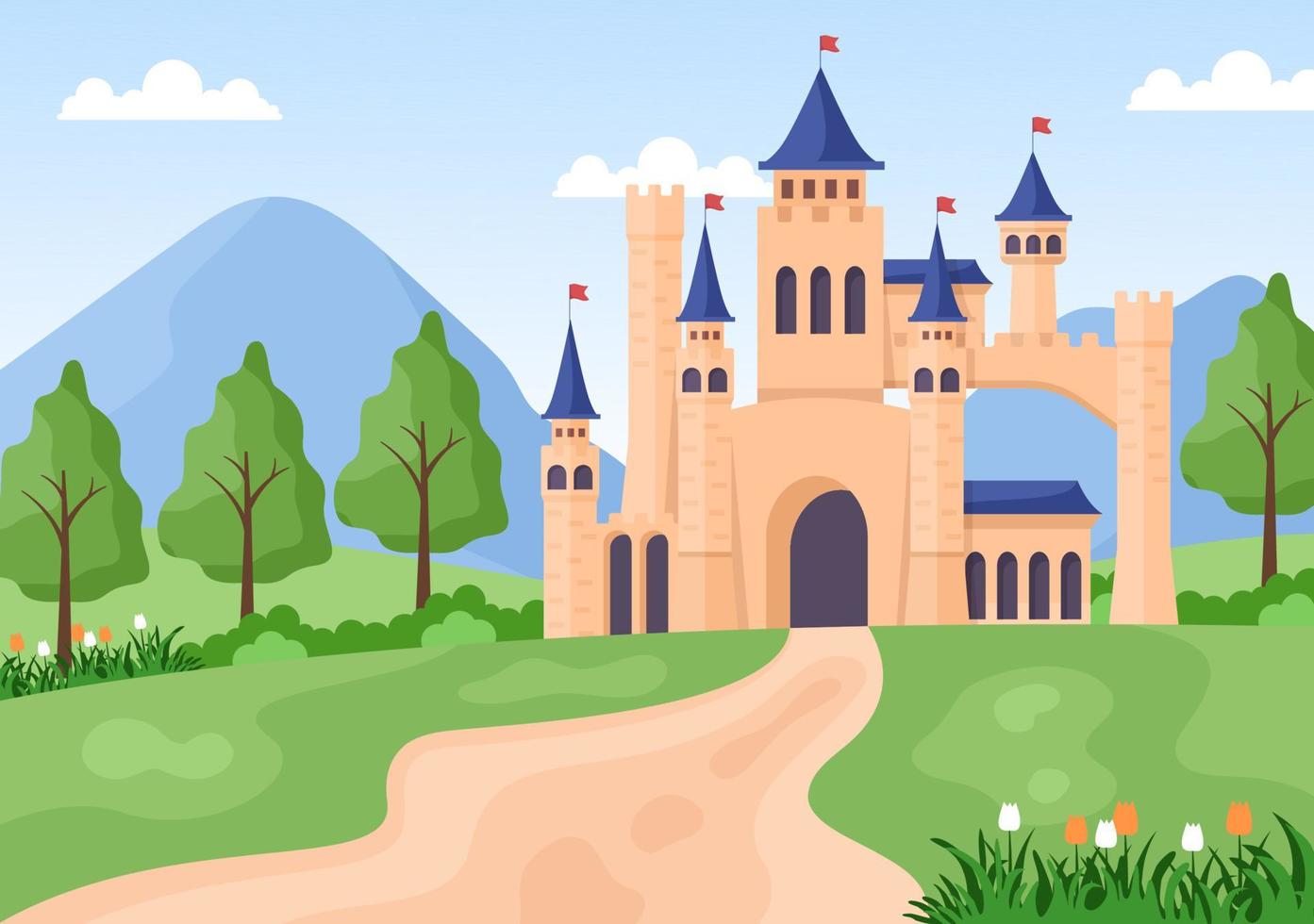 castelo com arquitetura majestosa do palácio e conto de fadas como cenário de floresta em ilustração de estilo plano de desenho animado vetor