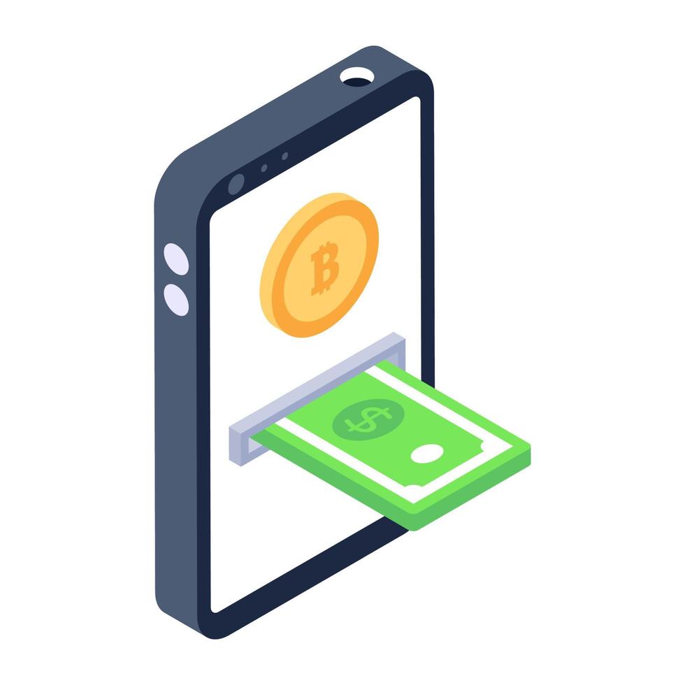 mobile banking, ícone isométrico de troca de bitcoin vetor