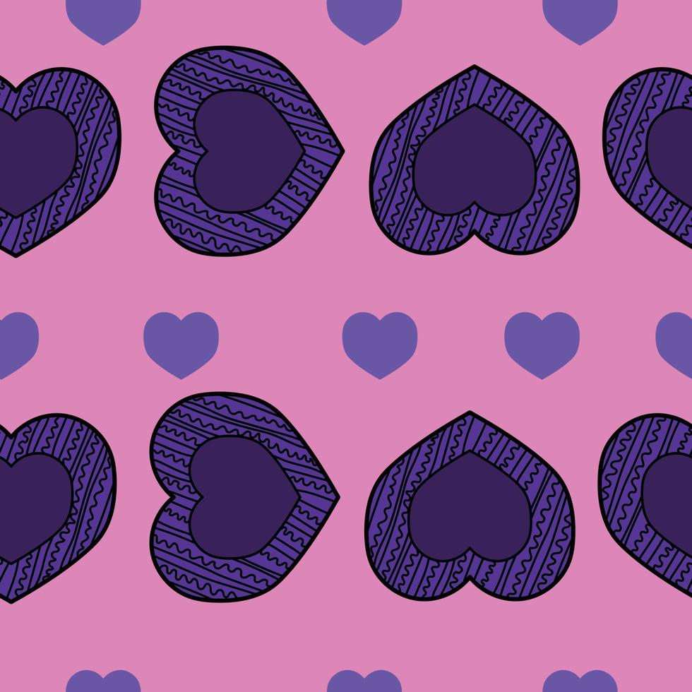 padrão perfeito de linhas horizontais de corações com padrões de dia dos namorados, corações de doodle roxo em um fundo rosa vetor