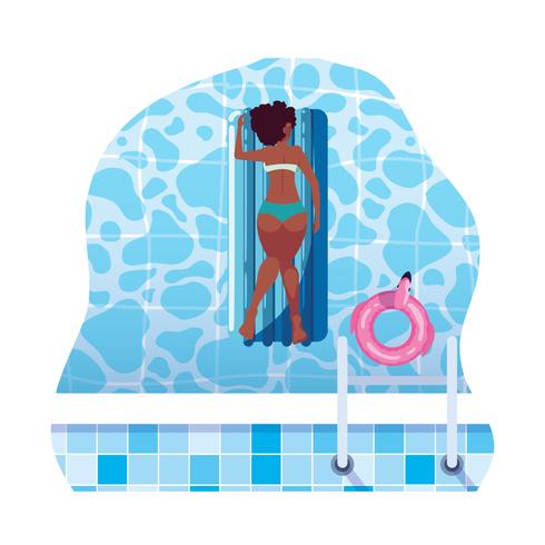 mulher afro, bronzeamento em colchão flutuante flutuando na água vetor