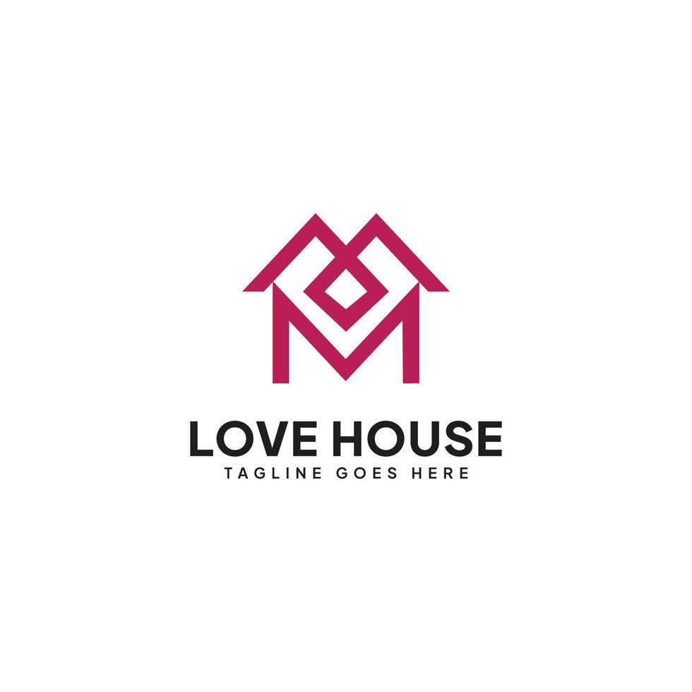 modelo de casa moderna com design de logotipo em forma de coração, vetor de ícone de casa de amor moderno e simples, há a letra m no logotipo.