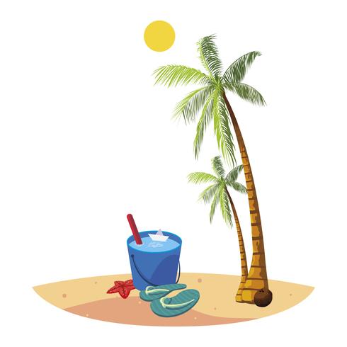 praia de verão com palmas e cena de balde de água vetor