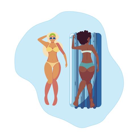 lindas meninas inter-raciais com colchão flutuante na água vetor