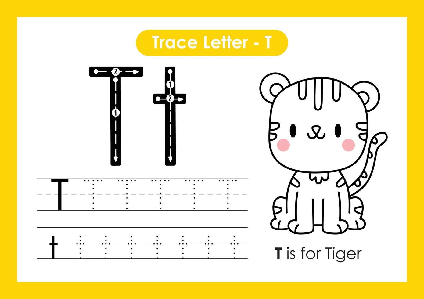 planilha de pré-escola de letra de rastreamento de alfabeto a a z com letra t tigre vetor