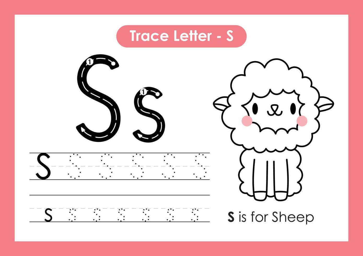 planilha de pré-escola de letra de rastreamento de alfabeto a a z com ovelha de letra s vetor