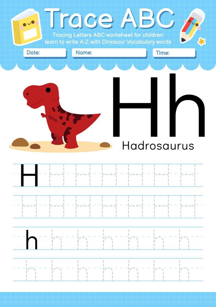 planilha de pré-escola de letra de rastreamento de alfabeto a a z com tipo de dinossauro vetor