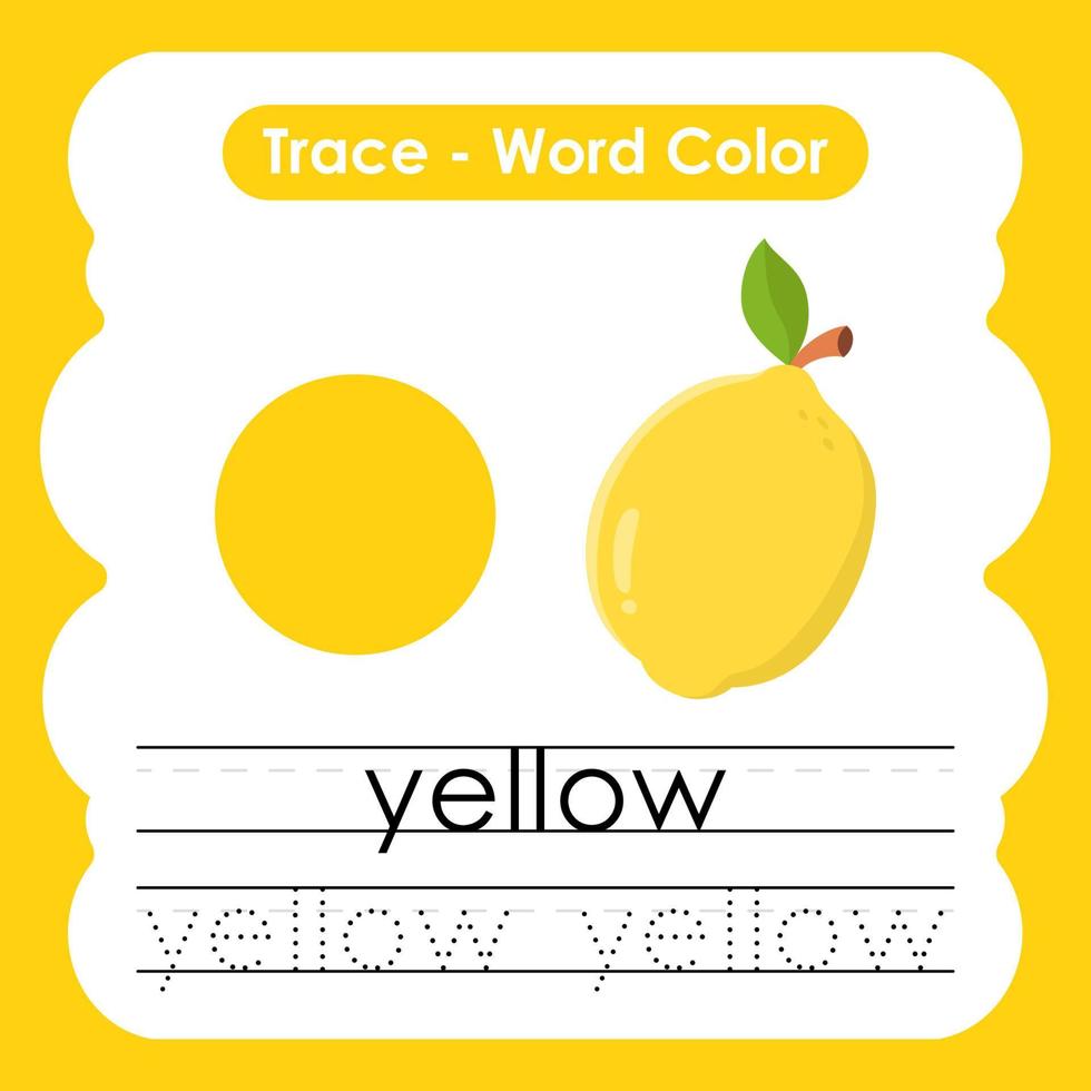 planilhas de palavras de rastreamento em inglês com vocabulário de cores amarelo vetor