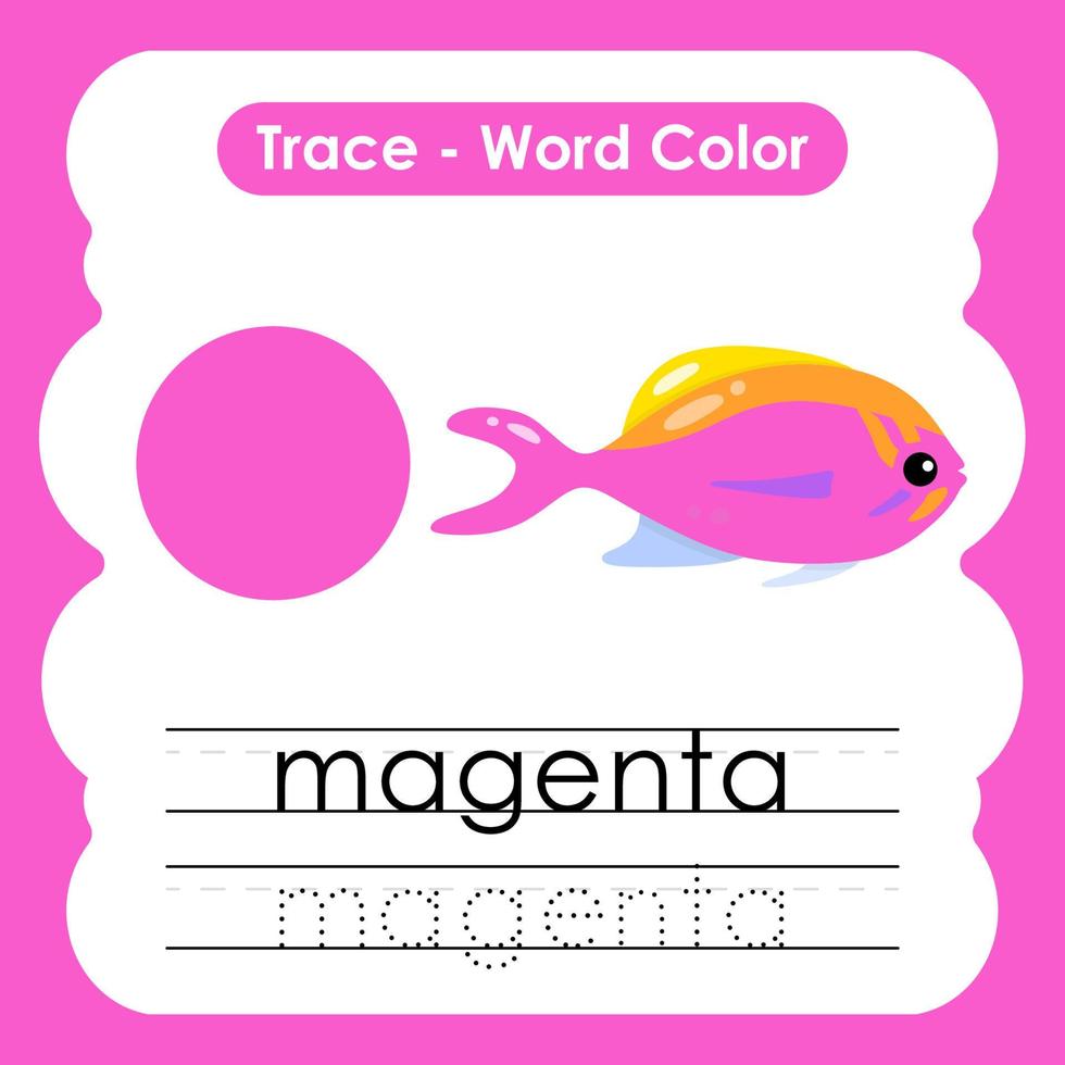 planilhas de palavras de rastreamento em inglês com vocabulário de cores magenta vetor