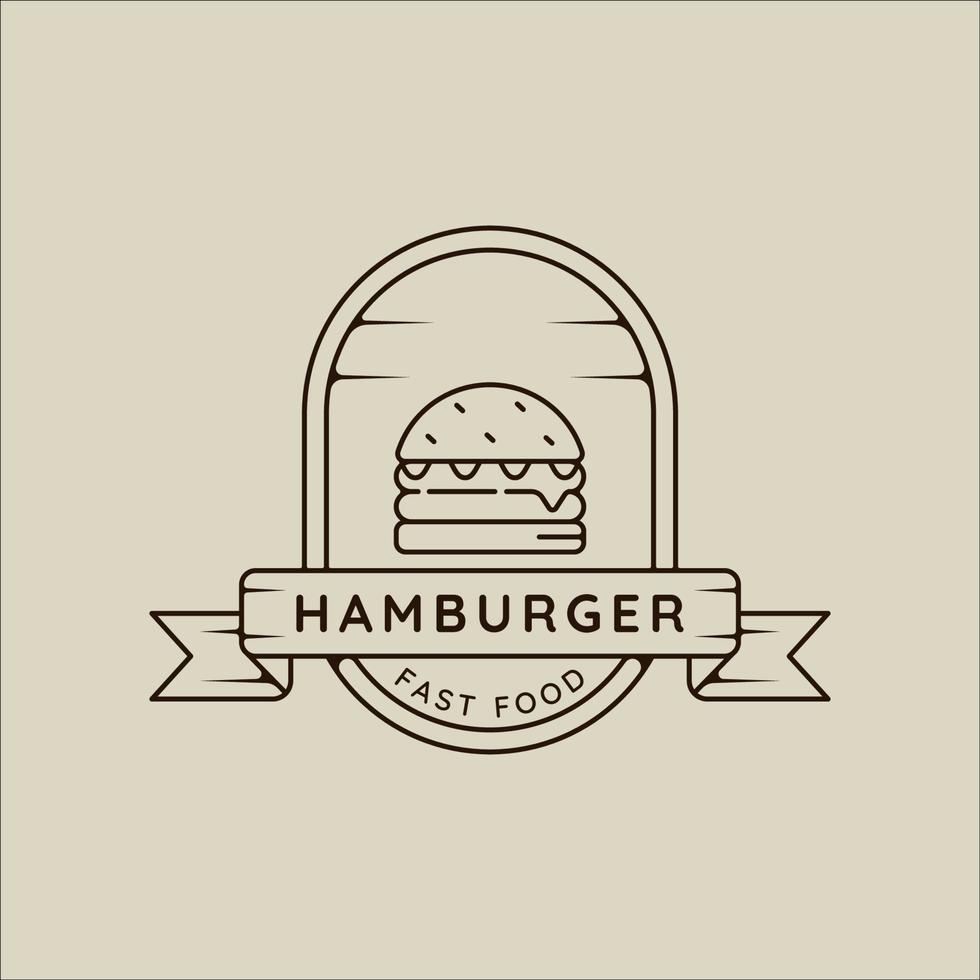 hambúrguer ou hambúrguer logotipo linha arte simples ilustração vetorial minimalista modelo ícone design gráfico. sinal de fast food ou símbolo para o conceito de menu ou restaurante com crachá e tipografia vetor