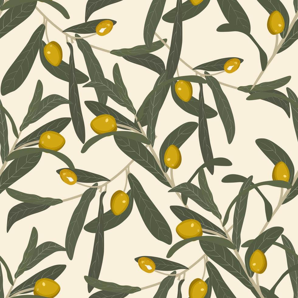 ramo de oliveira com padrão sem emenda de azeitonas verdes. um padrão infinito de folhas verdes. para papel de embrulho. ideal para papel de parede, texturas de superfície, têxteis. vetor