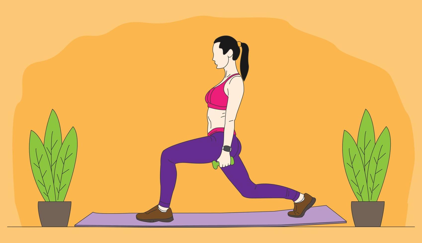 ilustração de uma mulher se exercitando. linda mulher fazendo ioga no tapete. estilo minimalista dos desenhos animados. ilustração vetorial plana vetor