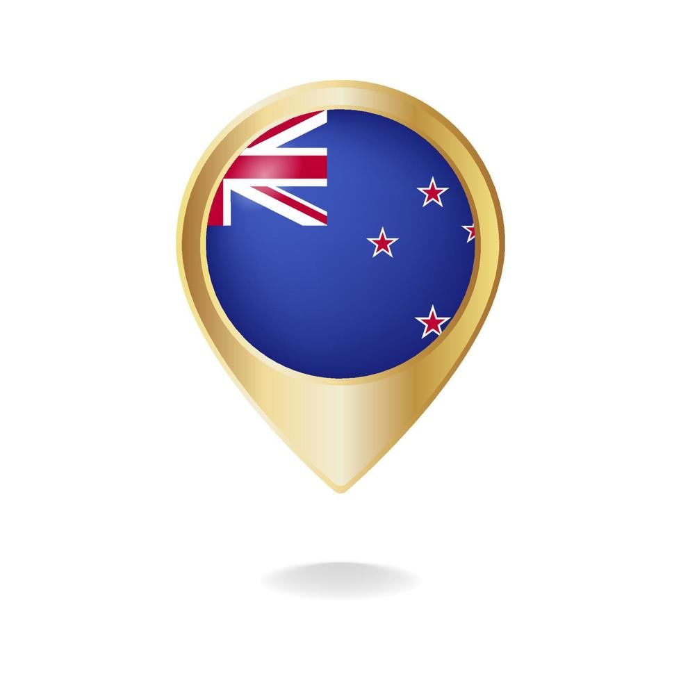 bandeira da Nova Zelândia no mapa de ponteiro dourado, ilustração vetorial eps.10 vetor