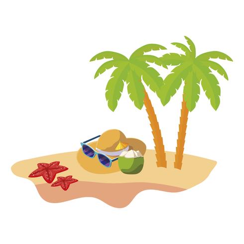 cena de praia verão com palmeiras de árvores e chapéu de palha vetor