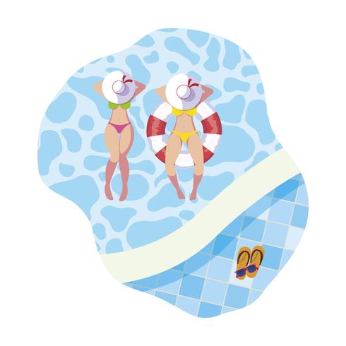 meninas com maiô e salva-vidas flutuam na piscina vetor