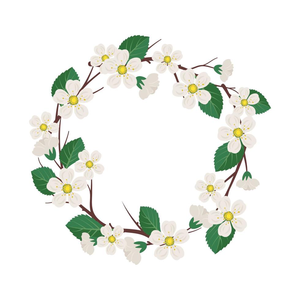 coroa redonda de cerejeira ou macieira. moldura com flores brancas. composição de florescência de primavera com botões e folhas. decoração festiva para casamento, feriado, cartão postal e design. ilustração vetorial plana vetor