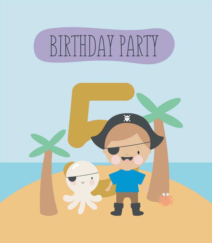 festa de aniversário, cartão, convite para festa. ilustração de crianças com pequeno pirata e uma inscrição cinco. ilustração vetorial em estilo cartoon. vetor