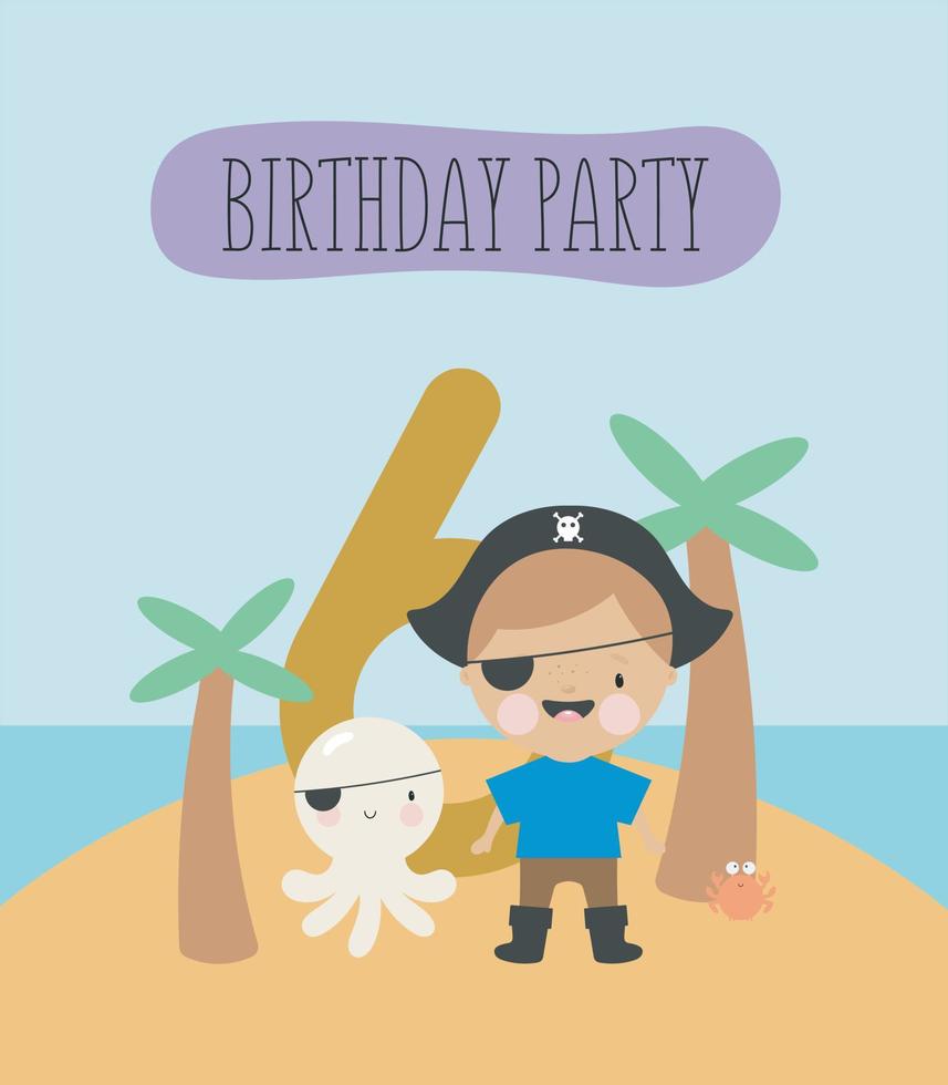 festa de aniversário, cartão, convite para festa. ilustração de crianças com pequeno pirata e uma inscrição seis. ilustração vetorial em estilo cartoon. vetor