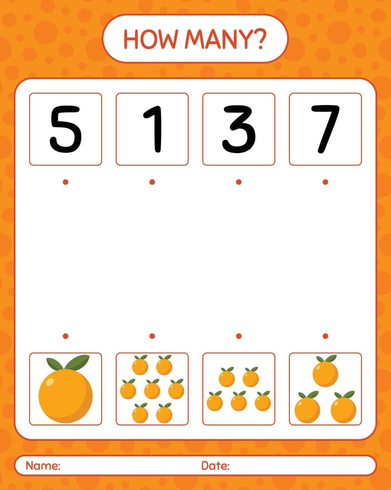 quantos jogo de contagem com planilha laranja para crianças pré-escolares, folha de atividades para crianças, planilha para impressão vetor