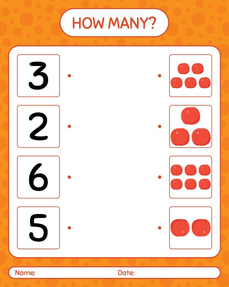 quantos jogo de contagem com nectarina. planilha para crianças pré-escolares, folha de atividades para crianças, planilha para impressão vetor
