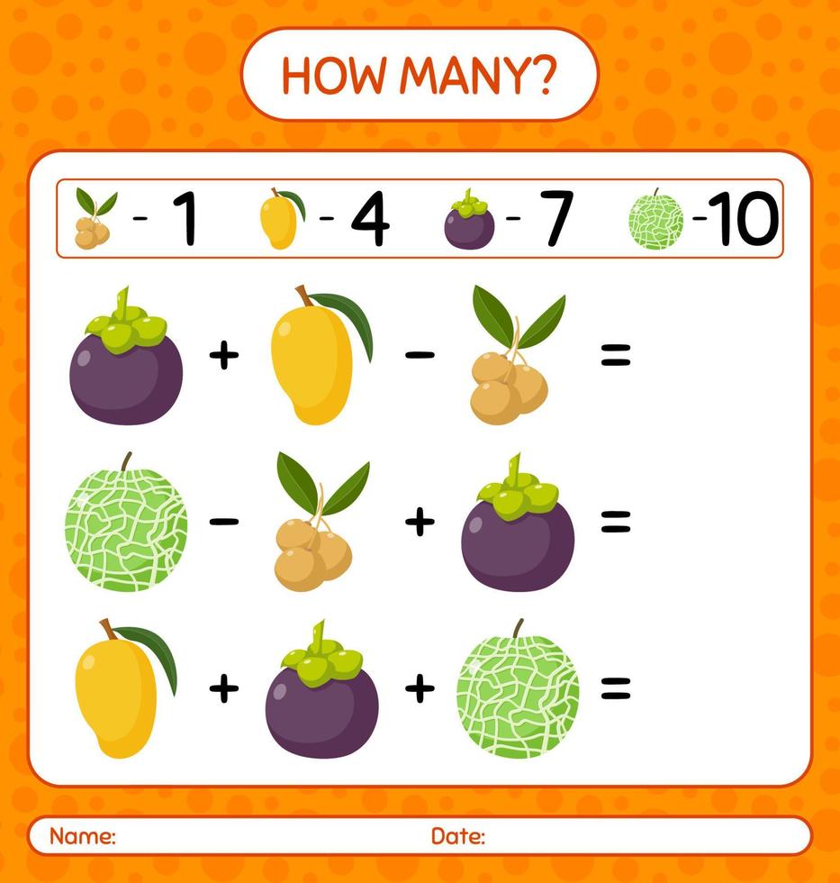 quantos jogo de contagem com frutas. planilha para crianças pré-escolares, folha de atividades para crianças, planilha para impressão vetor