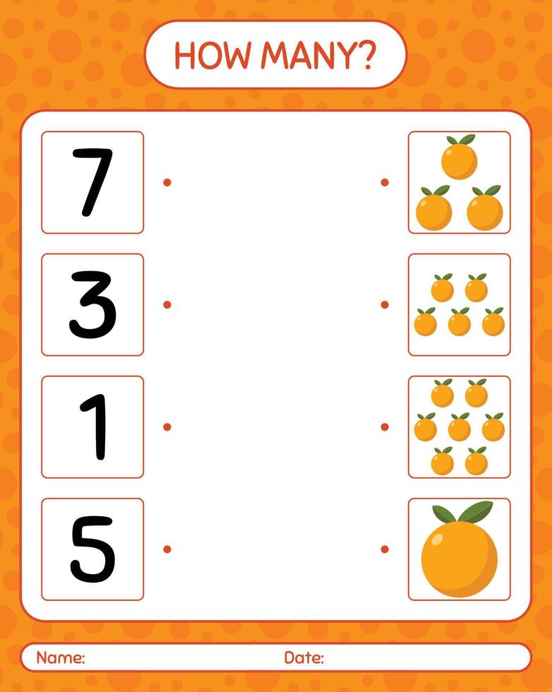 quantos jogo de contagem com laranja. planilha para crianças pré-escolares, folha de atividades para crianças, planilha para impressão vetor