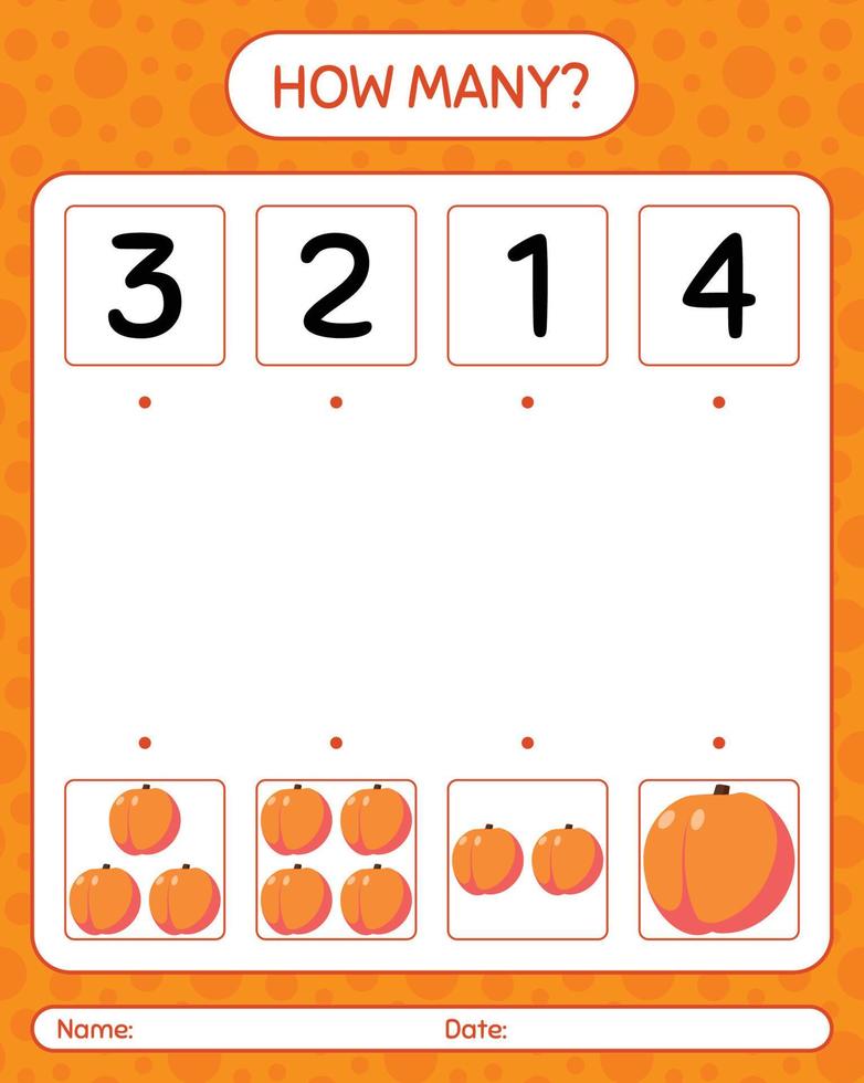 quantos jogo de contagem com pêssego. planilha para crianças pré-escolares, folha de atividades para crianças, planilha para impressão vetor