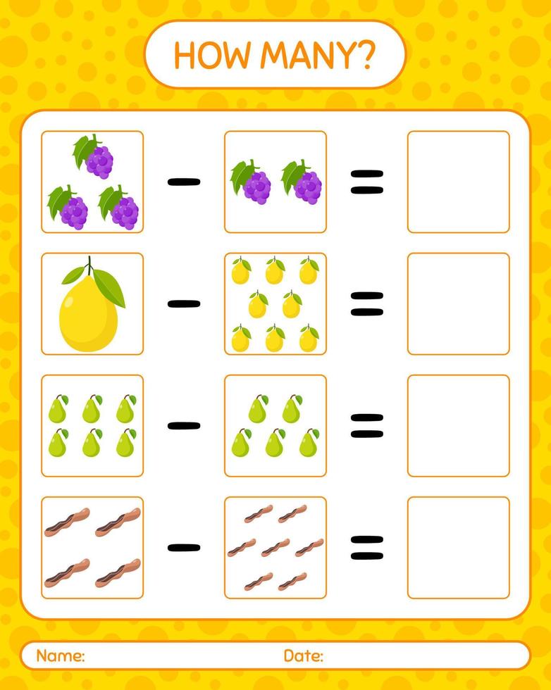 quantos jogo de contagem com frutas. planilha para crianças pré-escolares, folha de atividades para crianças, planilha para impressão vetor