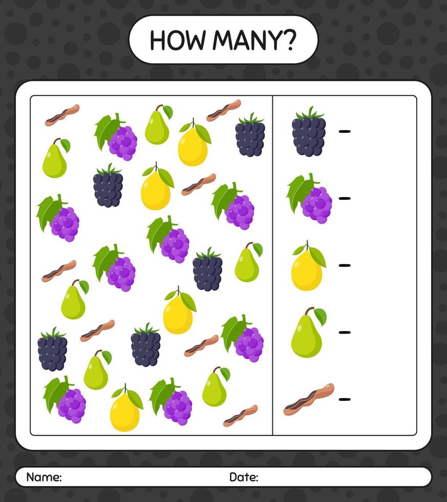 quantos jogo de contagem com frutas. planilha para crianças pré-escolares, folha de atividades para crianças, planilha para impressão vetor